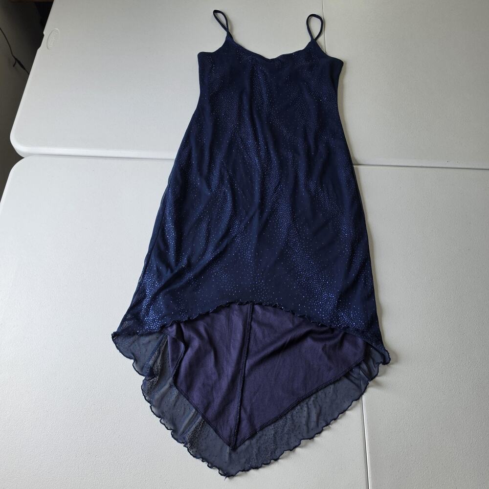 Y2K Fairy Grunge Whimsigoth Dress Large Blue Glitter Chiffon Slip Asym Hem Party